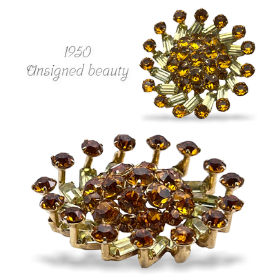 Fabulous flower design w/ sparkling topaz & jonquil rhinestones brooch- vintage 1950s unsigned beauty - Art.509/6