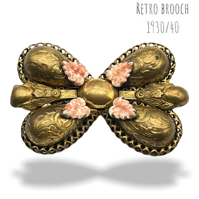 Rare Antique CZECH Molded Glass leaves puffy bow brooch - 1930 Antique Large brooch Neiger - for the collector-- Art.550/6