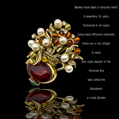 Elegant basket/vase with simulated pearls flowers and glass beads brooch - Floral arrangement in Giardinetti design -art.598/6 - SOLD