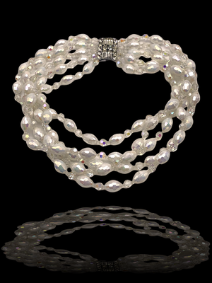 Super bright 5-strands total white cascade necklace- large jeweled clasp and sparks AB luster - wedding's jewel - Art.898/4