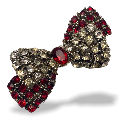 Wonderful ancient European Red and Diamante Rhinestone Bow Vintage Brooch - lovable clear & red ribbon pin -- Art.405/3 