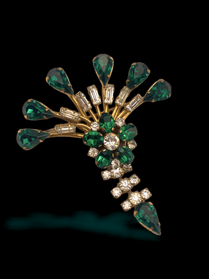 Fabulous 1940s brooch in emerald green and diamantè, sensual dangling brooch with double spray crown - Art.694/5