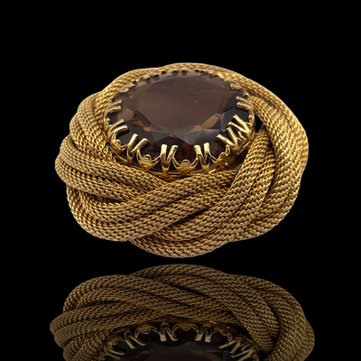Showy Brooch w Large Topaz Brown Glass Stone - large stone pronged into open frame w/elegant Torsade design -- art.706/5