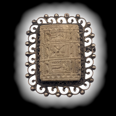 Antique Victorian Egyptian Revival carved Lava Panel Egyptian symbols 800 silver brooch pin - antique Italian Victorian brooch - art.601/4