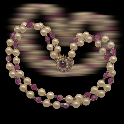 Two strand choker vintage hot pink and faux pearls glow old glass beads flea market necklace - lovely flower clasp - Art.163/6