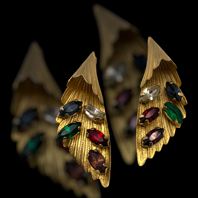 1950 Stunning Golden Cones Earrings - multicolor marquise crystals -very cool earrings in climber style - Art.394/3