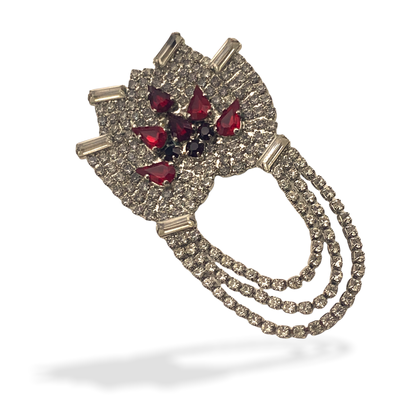 Beautiful diamante brooch - Festoon style pin covered entirely with clear rhinestones and ruby red focal point -Art.98/5