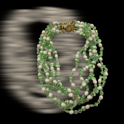 Prettiest Vintage Six Strand Green/White Givre Glass Necklace with lovely porcelain clasp and lively light -- Art.291/6