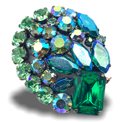 1950s French Vintage gold tone Drop Brooch with green tone & AB stones - brilliant rhinestones set on gold tone frame - art.380/6