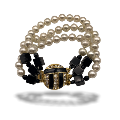 1970s 3strand simulated pearls and  black glass beads Venetian Bracelet-  -Art.924/3-