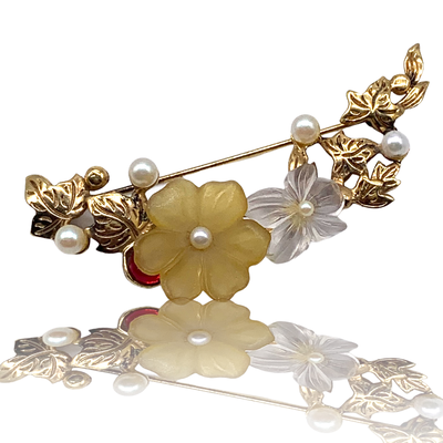 Lovable flowery branch with molded glass flowers and simulated pearls brooch - 800 silver gold plated Italian mark - art.29/5