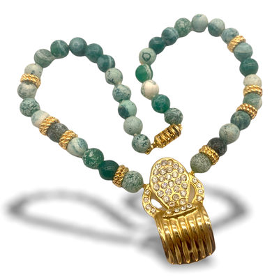 Eye Catching choker necklace with incredible marbled matrix glass green beads and shiny gold tone centerpiece --Art.133