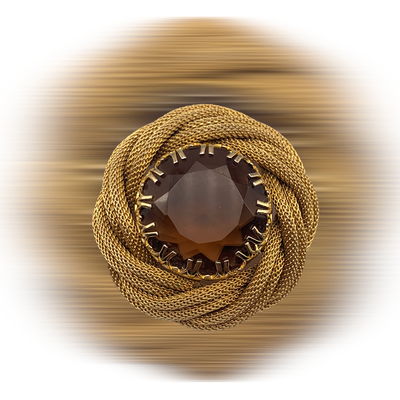 Showy Large Topaz Brown Glass Stone Brooch - large stone pronged into open frame w/elegant Torsade design -- art.706/5