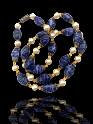 40s old European 1 strand beaded Necklace - fine Art Glass striped Periwinkle Blue and blue beads & glass pearl-Art.257/5