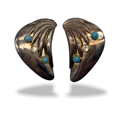 Original 1970s Earrings - turquoise and crystal on a silver decorative design -- art.454/3