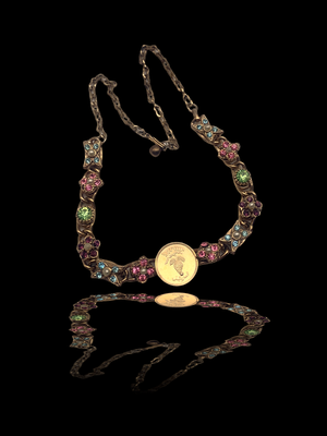 Stunning Vintage 1950 choker necklace,  links with flowers crystals, Necklace with coin -- art.126/3-