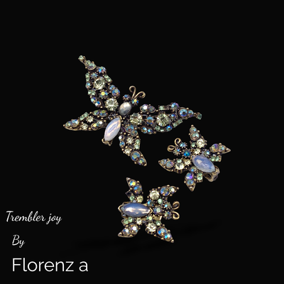 Florenza Trembler Yellow + Opalescent Butterfly Brooch and Earrings Set- intricate design in antique gold & quality stones - Art.649/6