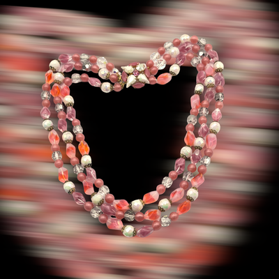 Stunning statement 3 strand cascade design necklace, pink, white and touch tangerine sparks- awesome clasp- Art.493/6