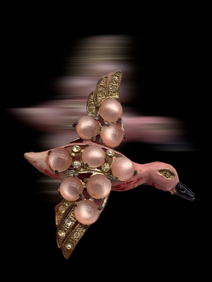 Amazing antique figural bird/goose in flight Brooch-lush cab in pink Moonglow Lucite & dazzling clear paste on lovely pink enamel-Art.128/5