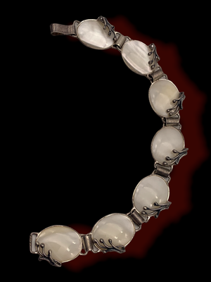 1950's revival Art nouveau solid 925 sterling and mother of pearl cabochons - total white feminine super chic bracelet -- Art.919/4