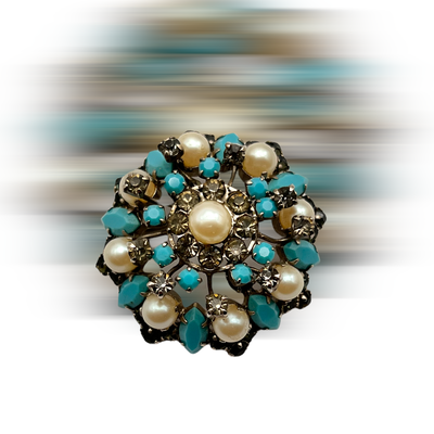 1950 vintage elegant brooch domed layered with black diamond Rhinestone, white pearls and turquoise glass stones - art.694/6