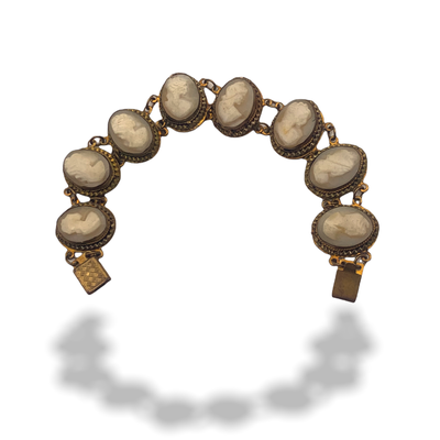 1930s Vintage silver 800 gold wash Cameo Link Bracelet signed - 8 genuine shell cameo Ladies exquisite old European bracelet - Art.794/4 -