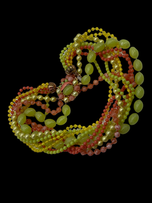 Vintage 60's Coral YELLOW lucite Bead multi strand Flower enamel clasp NECKLACE -- Art. 138/2