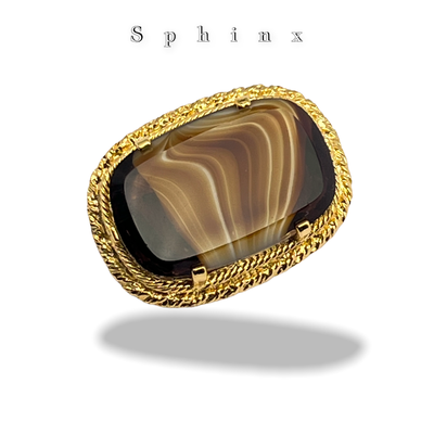 Sphinx substantial vintage brooch pin with Art Glass banded agate stone - Statement Piece Signed--art.477/6