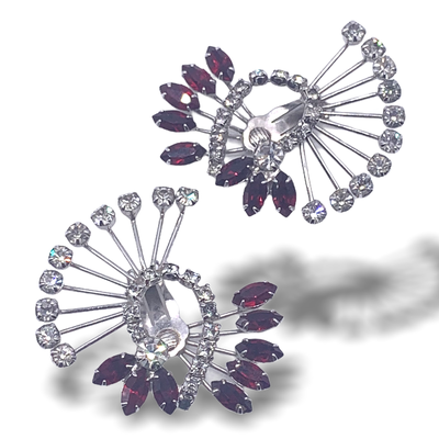 Superb starburst motif earrings, climber type with bright clear chatons and ruby red - superior glamorous effect-- art.935/5