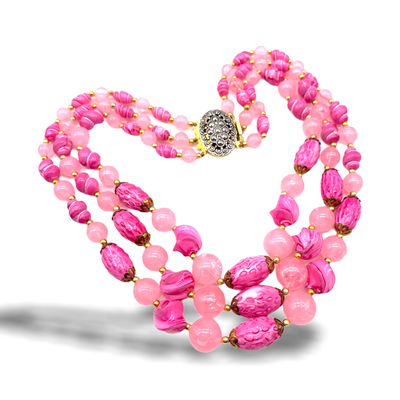 Vibrant color, three-wire necklace original 1960 -fantastic Beads,beautiful textures and shapes in a passionate intense pink -Art.703/2