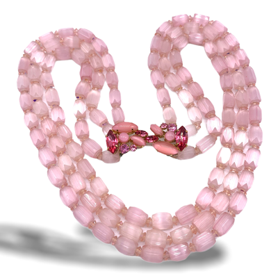 1950s Vintage Sweet 3-Strand cascade Venetian Glass Pink Quartz Necklace  with awesome art glass clasp   -Art.105/4-
