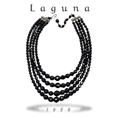 Luscious Laguna BLACK Austrian Flashed Crystal 4 Strand Necklace - total black Vintage chic style --Art.127/6