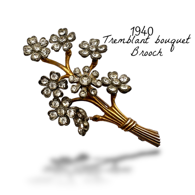 French En Tremblant 8 bloom Diamond rhinestones Flower Brooch,  Gold and Silver,  Vintage early 1940 - Art.723/6