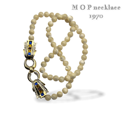 Awesome single strand necklace of fine lustrous mother of pearl (MOP) round beads - large jeweled clasp -- Art.508/6