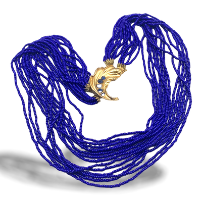 Thirteen strands Cobalt Blue Glass Seed Bead necklace - Multi Strand Necklace and adorable jeweled leaf clasp -Art.973