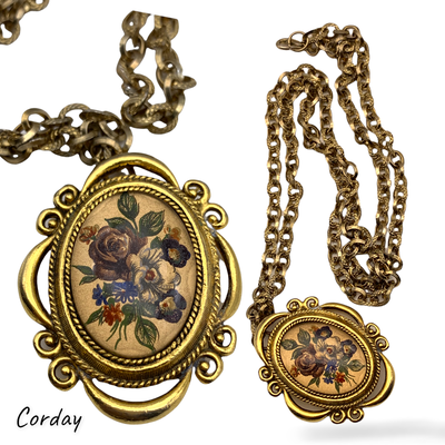 CORDAY FLORAL LOCKET Solid Perfume Pendant Gold Tone Flowers-massive chain & locket that is a former solid perfume container - Art.314/5