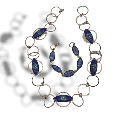 1960s Venetian glass floral cabochons oval and round link necklace and bracelet set - cheerful in blue and silver-Very fashionable-art.371