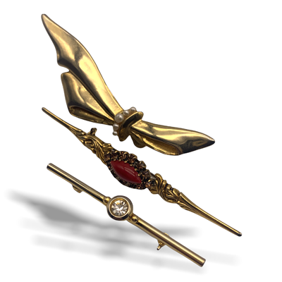 Very Chic Italian vintage Bar Brooches - Elegant gold and crystals -3 dazzling brooches of great charm-art.392/2