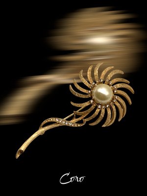 Vintage Signed Coro Craft Pegasus Gold Tone Rhinestone Large Flower Pin Brooch - Long stemmed flower pin by Coro - art.547/5