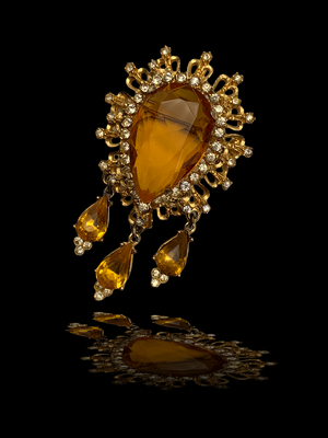 Stunning Teardrop Shaped Amber Glass & Rhinestone Drop BROOCH-Exquisite antiqueEuropean jewelry-Art.64/3
