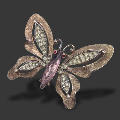 Vintage Gold Tone & Rhinestone Butterfly Brooch/Pin  unsigned beauty of 1950s - pale pink and clear rhinestones on Florentine finish -Art.385/4-