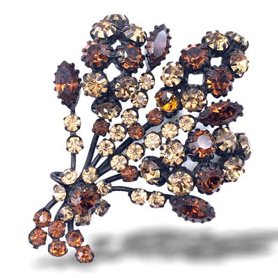 Gorgeous 1940s Large bouquet Topaz Rootbeer Glass Japanned Brooch - lovely flower arrangement and sparkling stones - Art.112/4