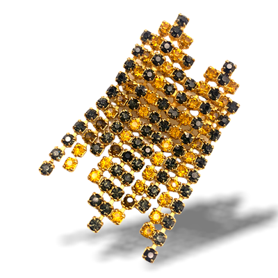 Lovely sparkling beauty black and orange 10 lines rhinestones dangle brooch - vtg late 50s, many rhinestones on gentle design pin-art.949