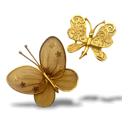 Beautiful delicate butterfly brooches - by GERRY's gold scrolls wings & unsigned Mesh Butterfly Pin Gold Flower Accents - Art.608 -