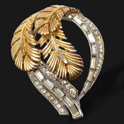Art Deco stylized silver heart rhinestone and gold fern leaves Brooch early 1950's - Vintage Large Draped Garland Leaf pin -- Art.195/4