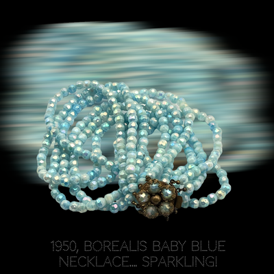 Sparkling 5 strand cascade design necklace, borealis Baby Blue glass beads w/ pastel sparks & nice jeweled clasp- Art.416/6