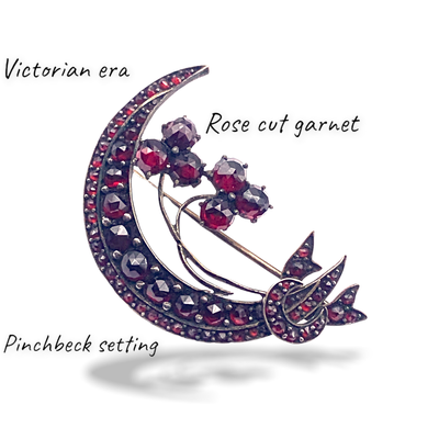 Antique Bohemian rose cut Garnet Crescent Moon & spray flowers w/bow Brooch - authentic Victorian beauty c. 1880s -Art.703/5