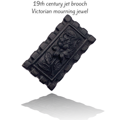 19th Century Pressed Horn Jet Brooch - Bas Relief Engraved Floral design - antique Victorian Mourning Jewelry -Art.899/5