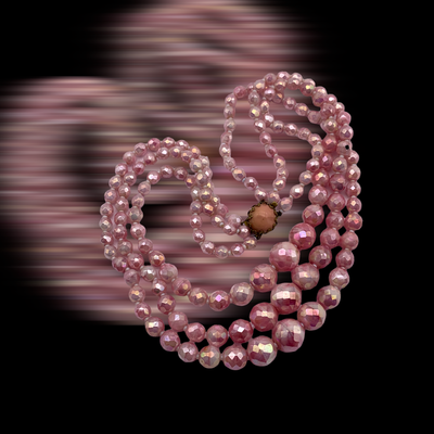 Sparkling 3 strand cascade design necklace, borealis pink glass beads w/ pastel sparks & nice button clasp- Art.972/5