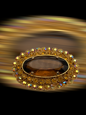 Sumptuous European brooch of late 50s with large glass Brown Topaz stone - massive pin w/Unbacked Crystal and AB rhinestones - Art.643/5